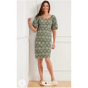 TALBOTS Puff Sleeve Embroidered Shift Dress Green‎ Cotton Eyelet Lace Sz 2